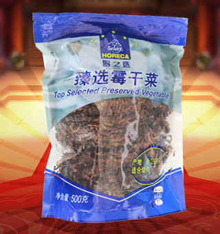 廚之選(HORECA SELECT)臻選霉干菜產(chǎn)自浙江紹興500g每袋，蕭山霉干菜是浙江省紹興市夾灶鄉(xiāng)的漢族傳統(tǒng)名菜。夾灶原屬紹興縣，故歷來以“紹興霉干菜”為名。此產(chǎn)品由大葉芥加工而成，色澤烏黑，香氣濃郁，味美質(zhì)嫩，久貯不變，是一種常年食用的大眾化食品州，霉干菜一般用芥菜、尚未抽苔的白菜和油菜等腌制后曬干制成。
