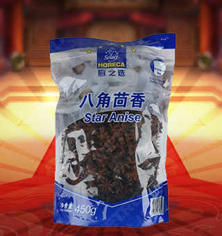 廚之選(HORECA SELECT)八角茴香產(chǎn)自廣西玉林450g每袋，本產(chǎn)品精心挑選上等的食用鹽、八角茴香原材料制作而成，品質(zhì)純正天然，讓您食用的放心。本產(chǎn)品采用的是塑料質(zhì)地包裝，簡潔大方，食用簡單，是您廚房的好幫手。本產(chǎn)品加入任何的菜肴后讓其味道濃郁，口感醇厚鮮香，給您帶來美妙的味覺盛宴。